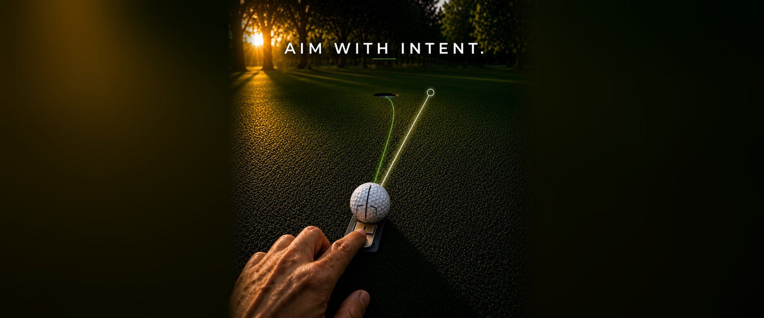 Golfer marking a golf ball on a green at sunset, with the intended start line and the ball's curving path to the hole shown as coloured lines
